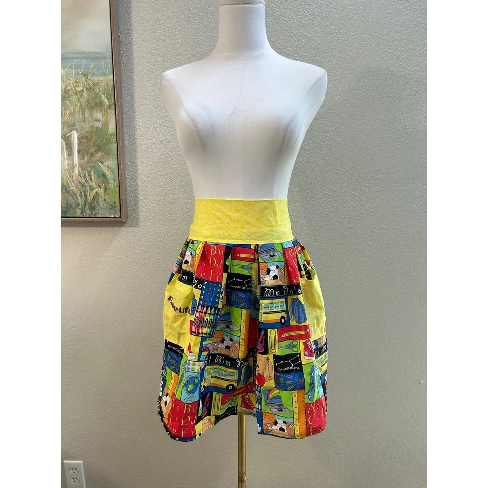 Handmade School Supply Print Half Apron Yellow Pockets Pleated